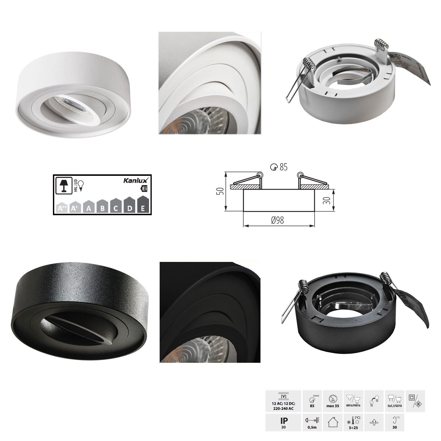 Deckeneinbaustrahler weiß schwarz quadratisch rund LED Halogen