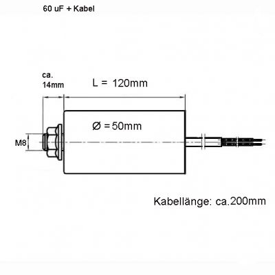 60.0 uF Betriebskondensator Motorkondensator 60 mF, 450 V + Kabel - 1