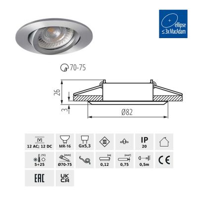 Deckeneinbaustrahler rund, Alu gebürstet, für LED / Halogenlampen Sockel GX5.3 - 1